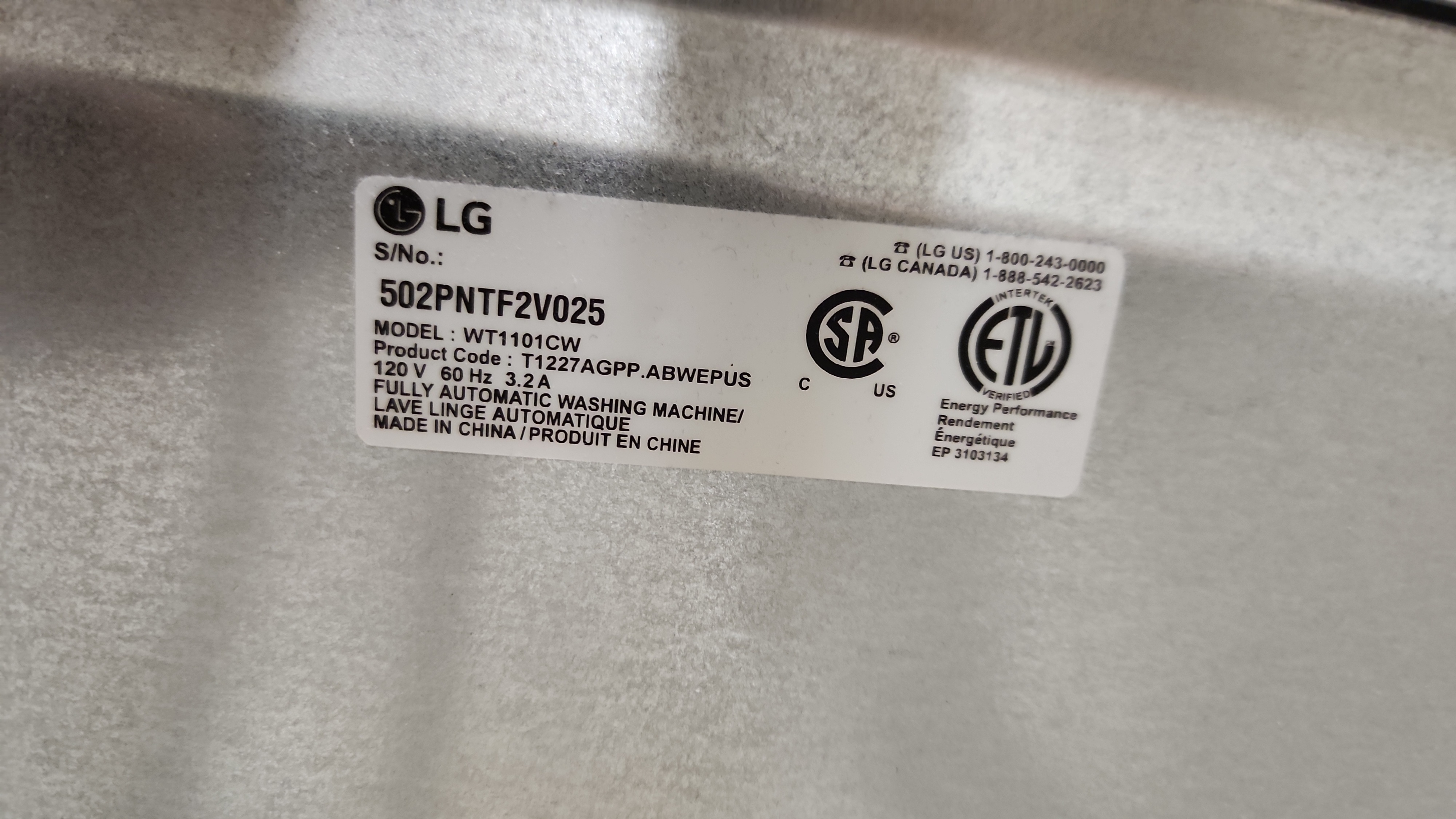 LG WT1101CW washing machine model tag Parkland FL RR0082