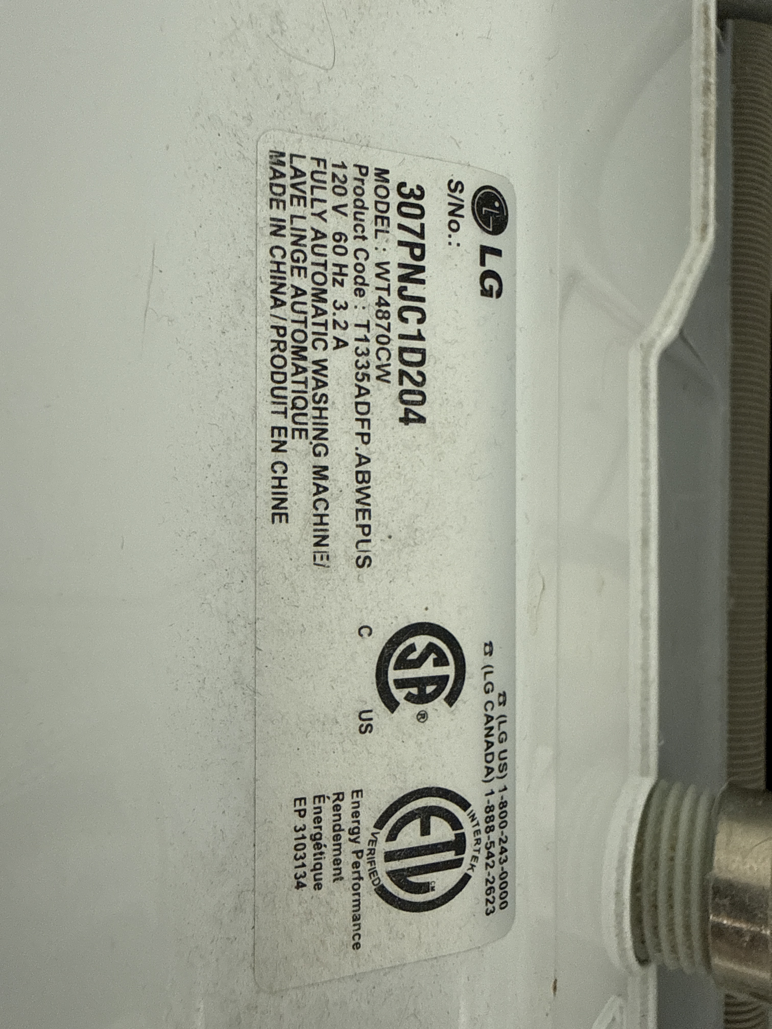LG WT4870CW top-load washer model tag Oakland Park FL RR0095