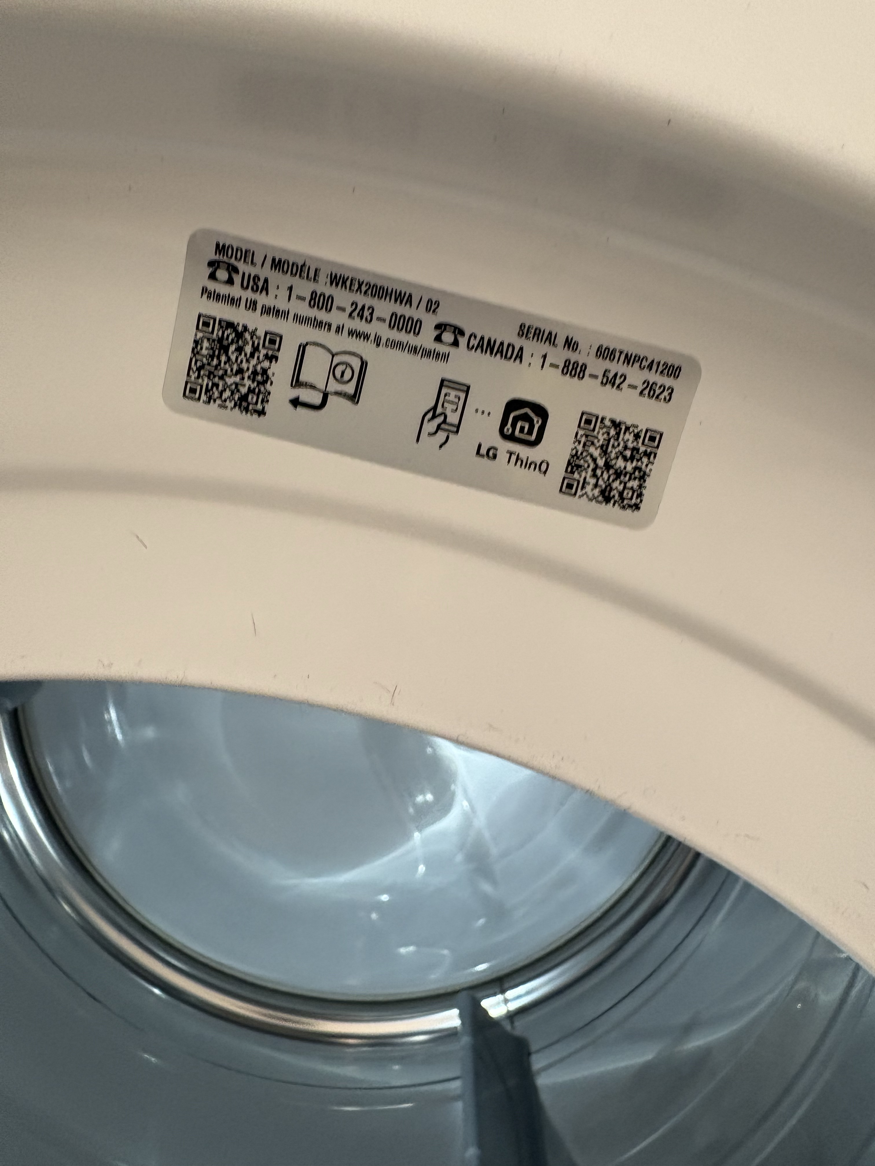 LG WKEX200HWA /02 WashTower model identification tag Wellington FL RR0123