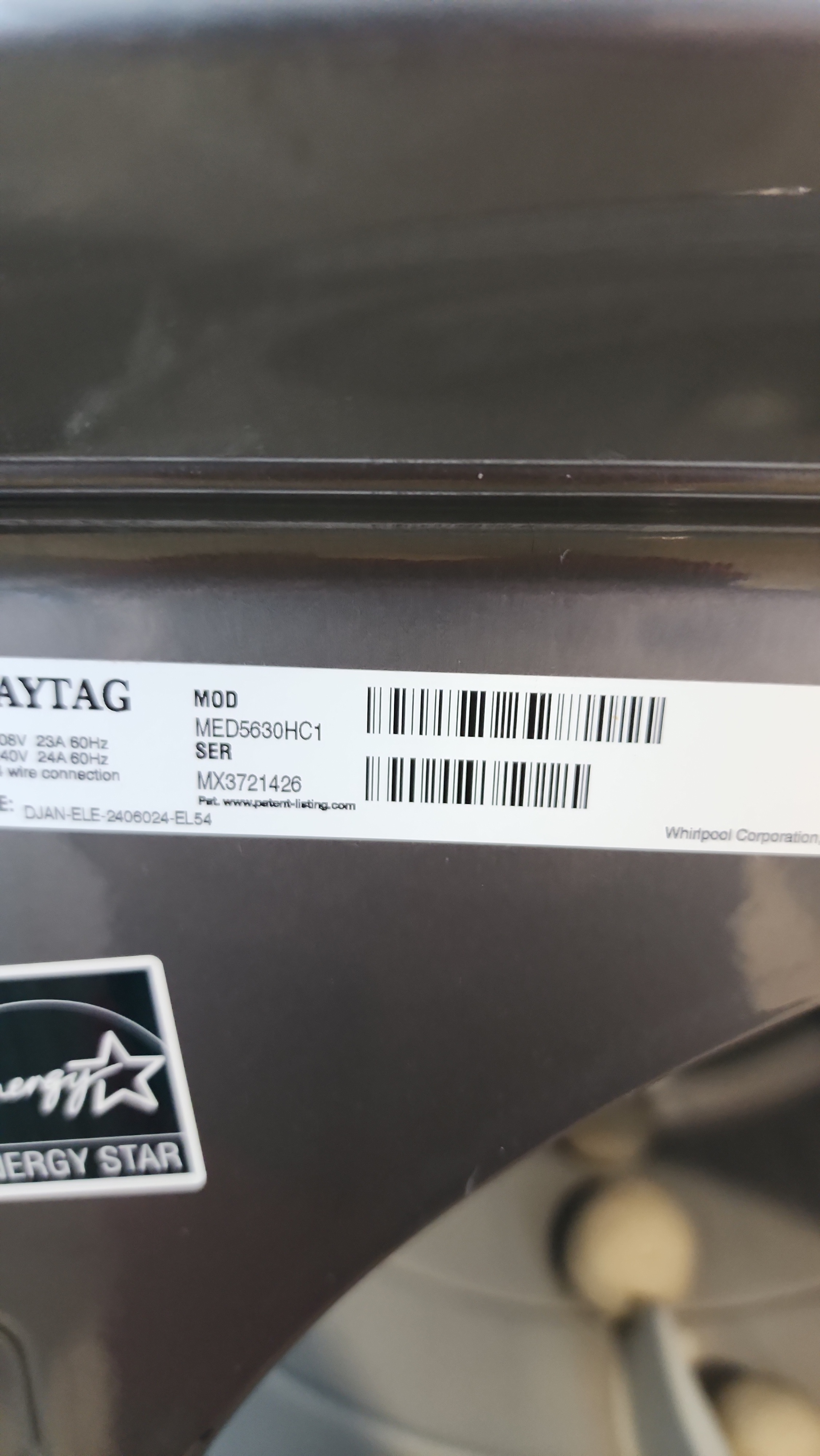 Maytag MED5630HC1 dryer model tag Parkland Florida repair