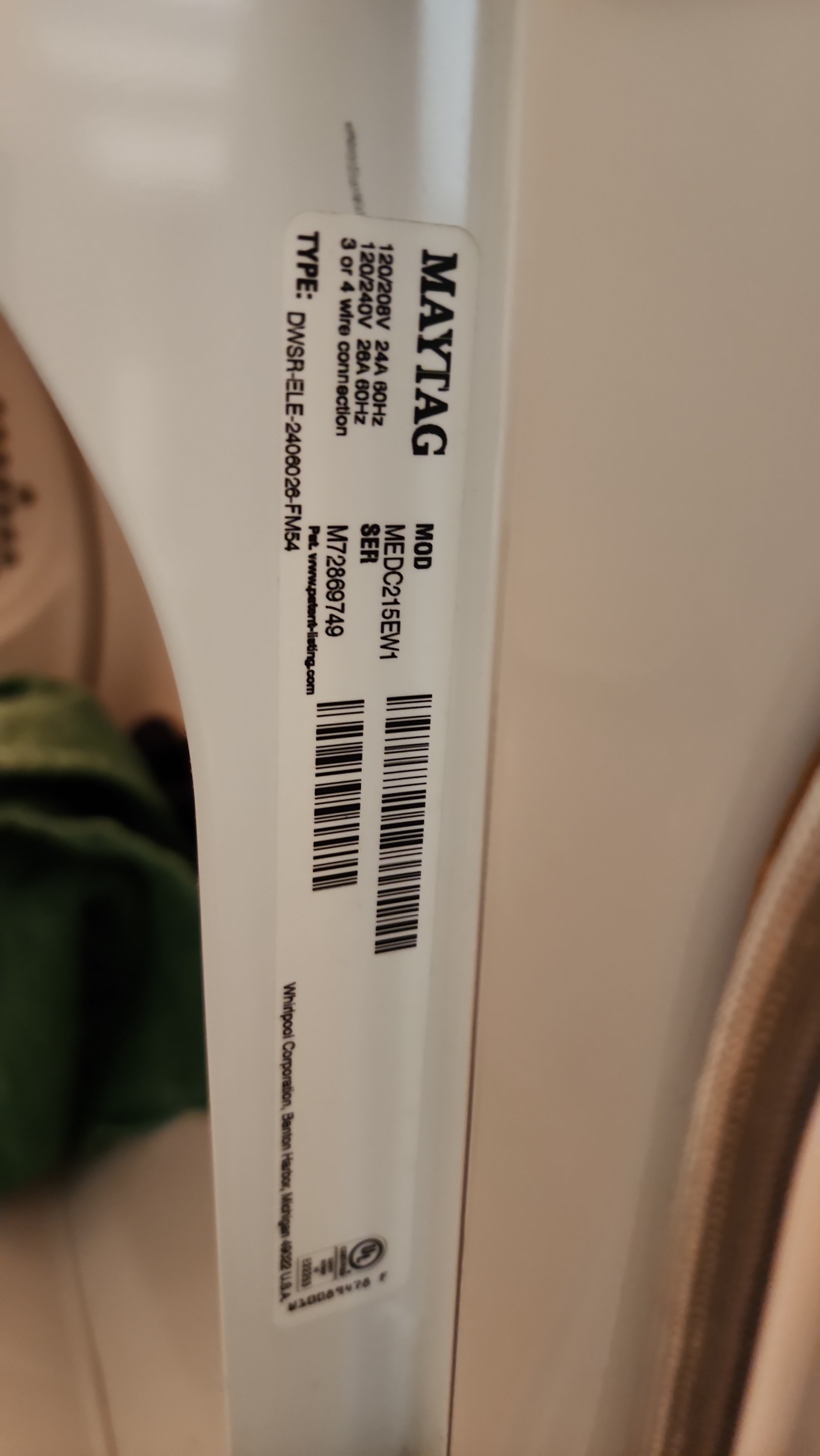 Maytag MEDC215EW1 dryer model tag Tamarac FL RR0068
