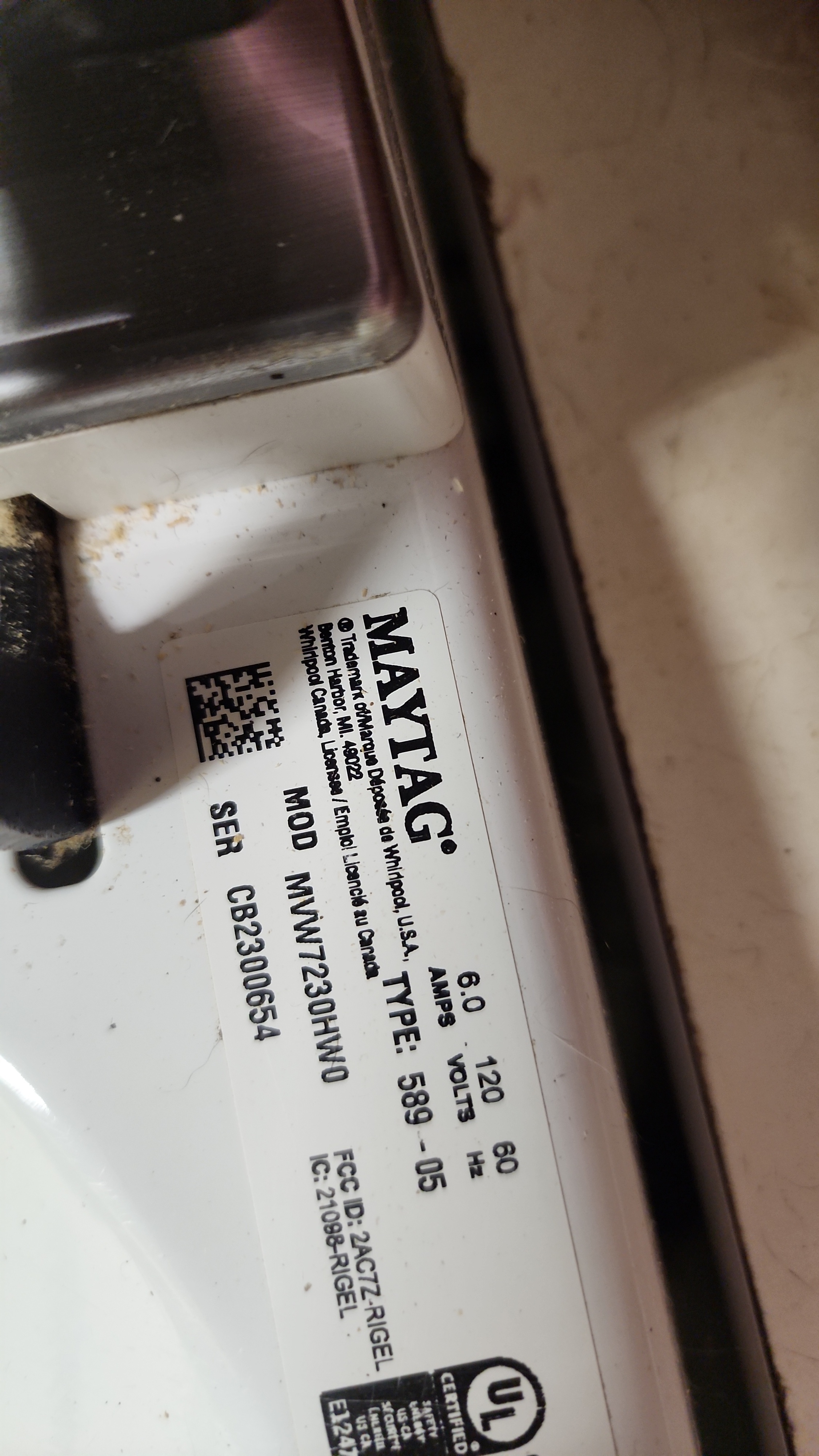 Maytag MVW7230HW0 washer model and serial label Margate FL
