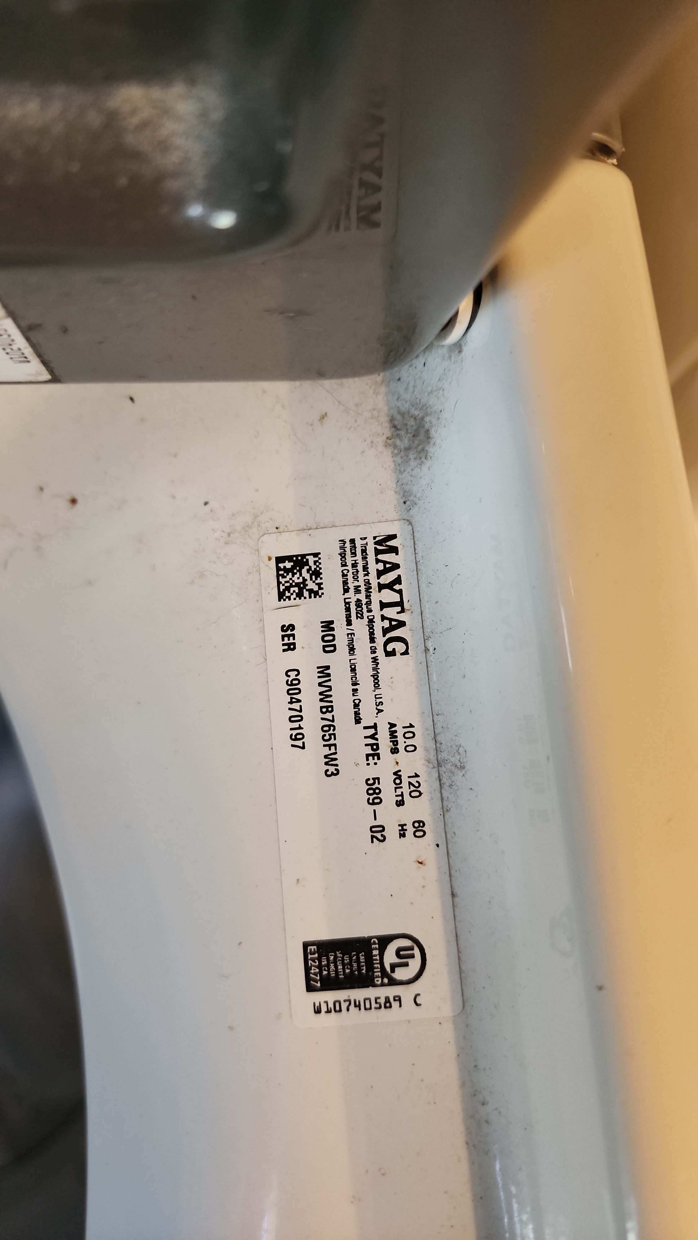 Maytag MVWB765FW3 washer model and serial label Coconut Creek FL.