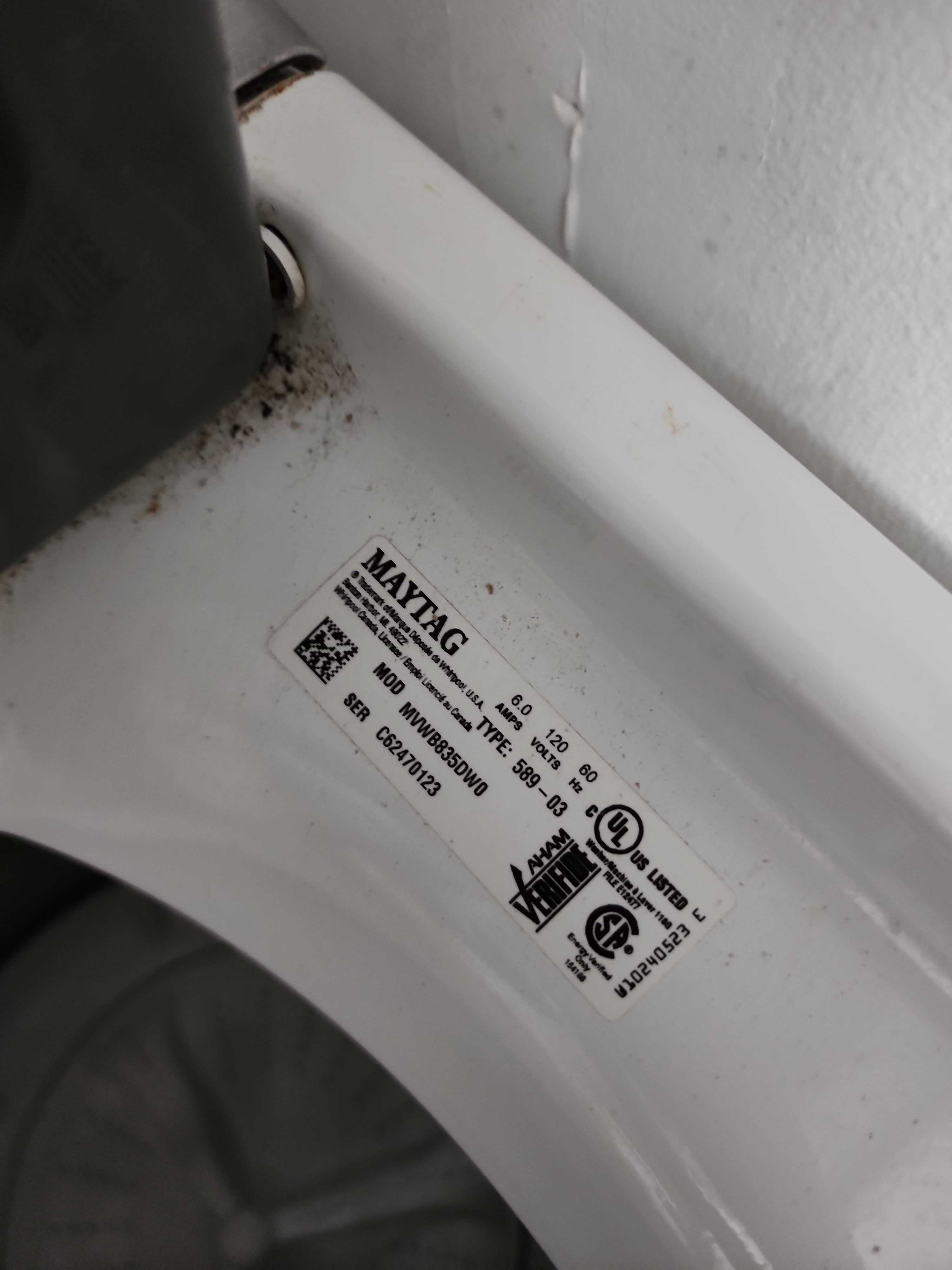 Maytag MVWB835DW0 washing machine manufacturer model tag Tamarac FL RR0110