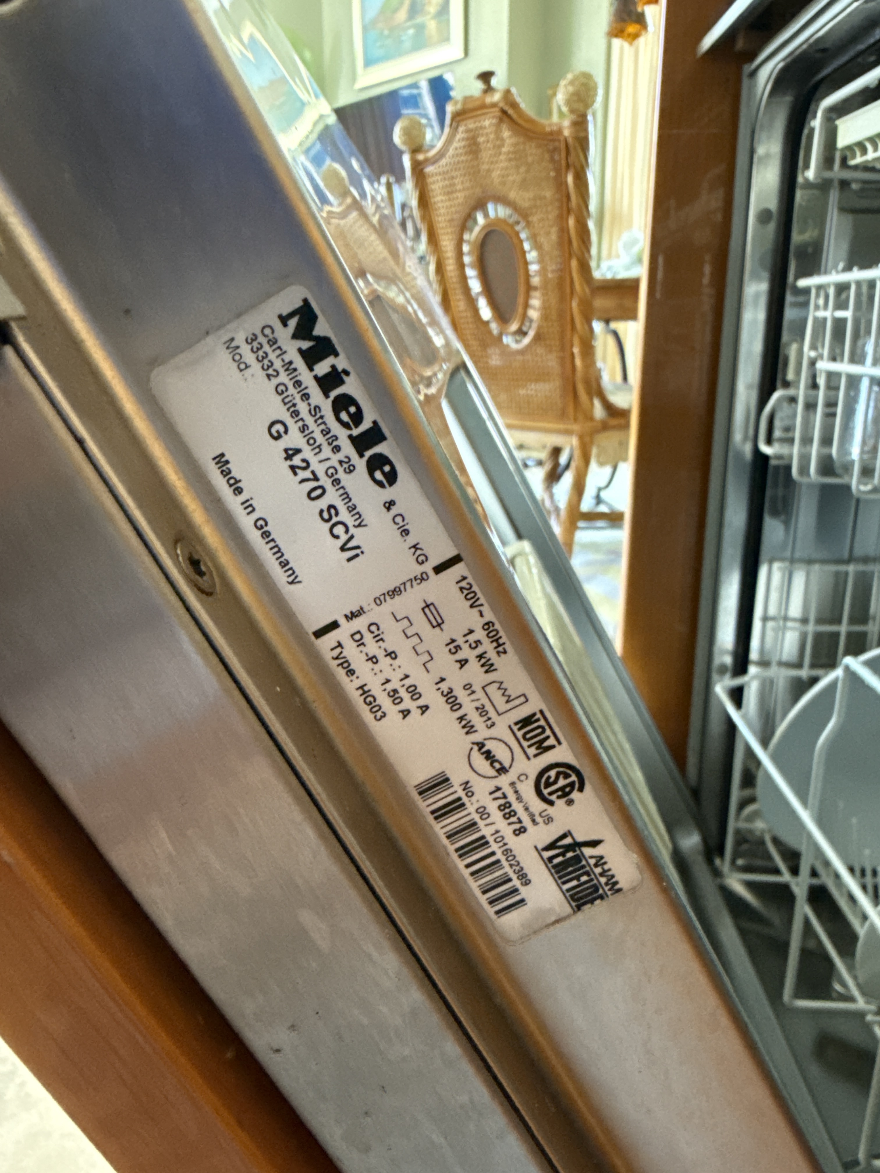 Miele G 4270 SCVi dishwasher manufacturer model tag Fort Lauderdale FL RR0104
