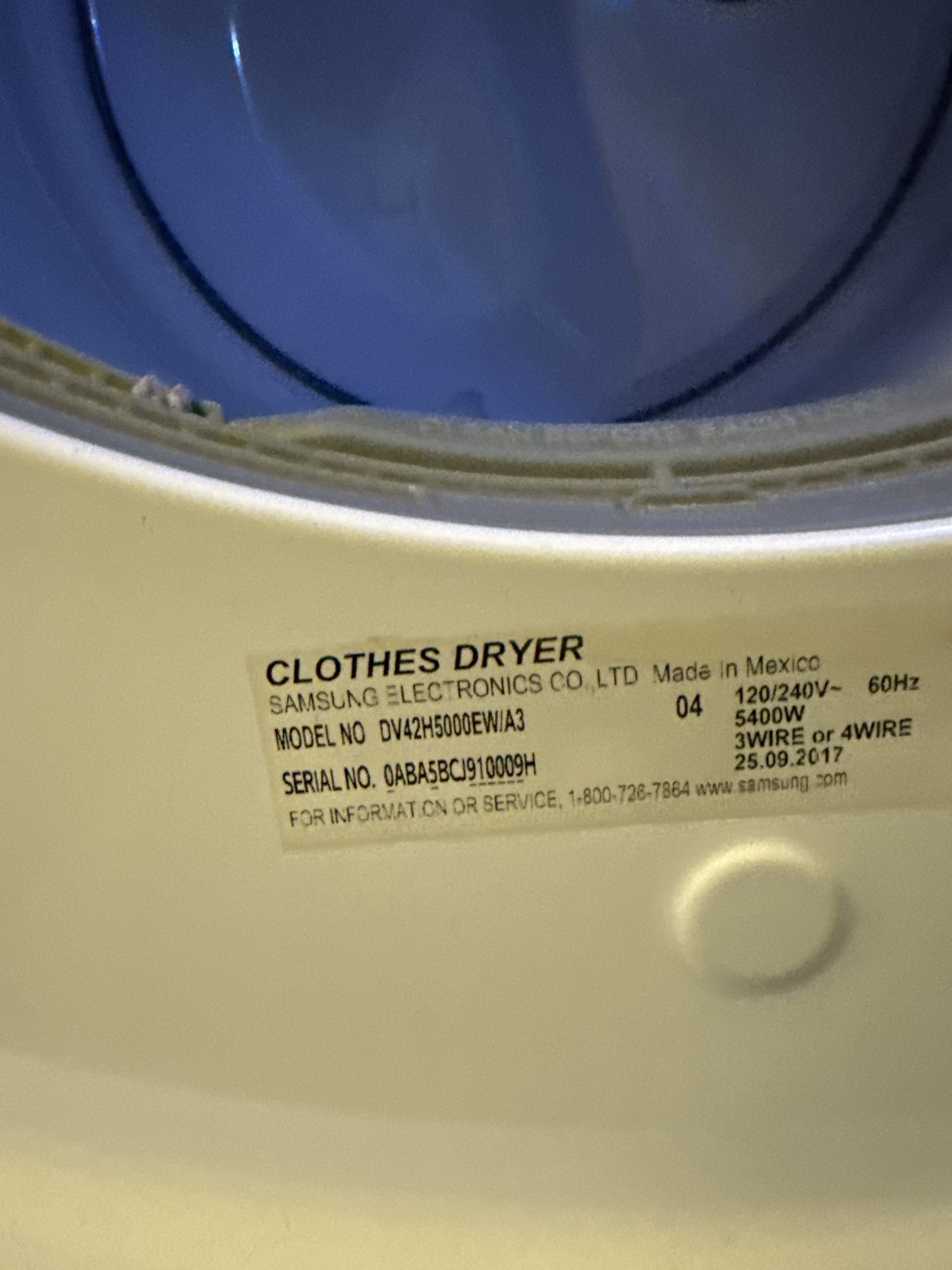 Samsung DV42H5000EW/A3 dryer model tag Coral Springs FL RR0077