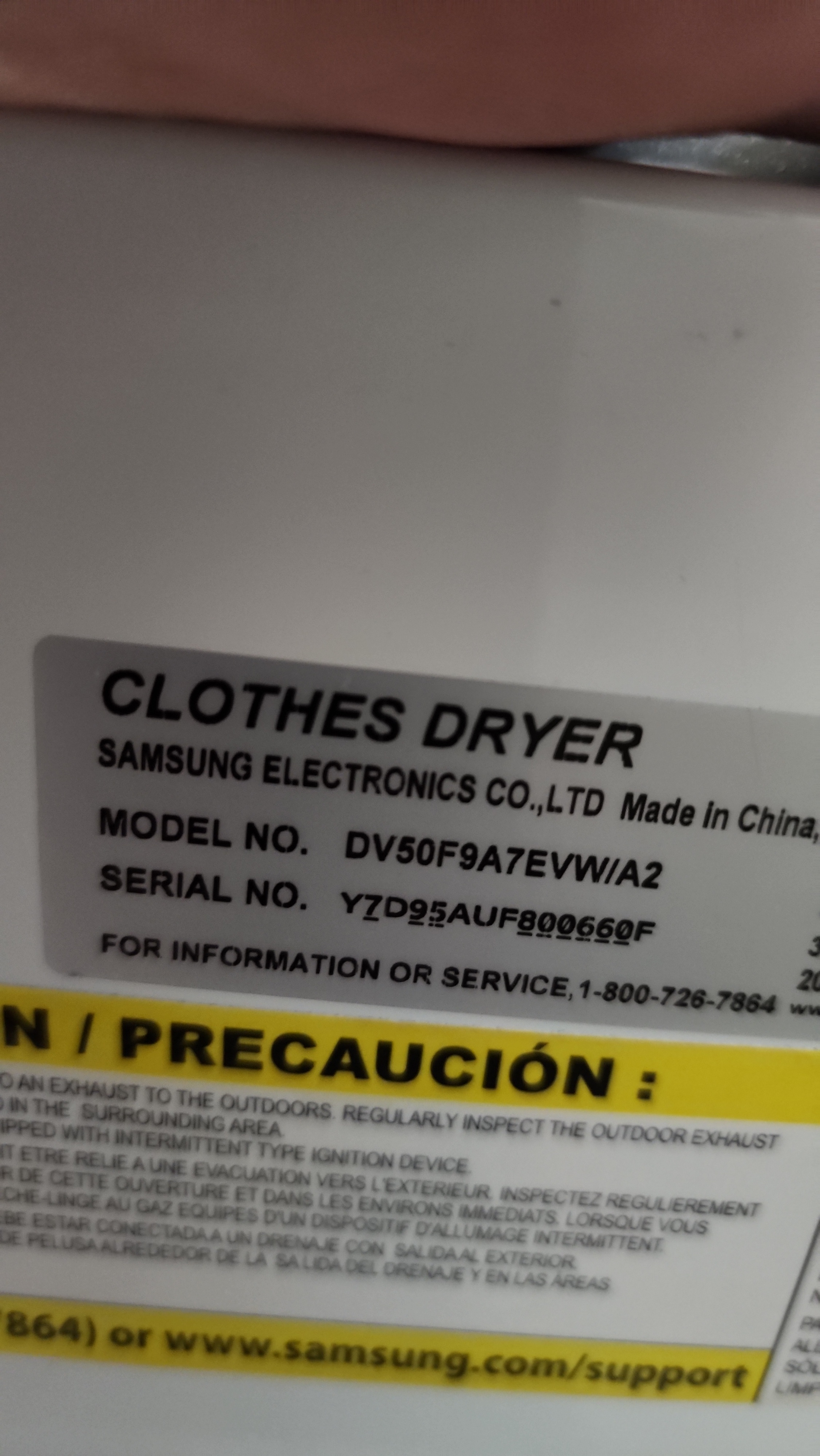 Samsung DV50F9A7EVW/A2 electric clothes dryer manufacturer model tag Coral Springs FL RR0113