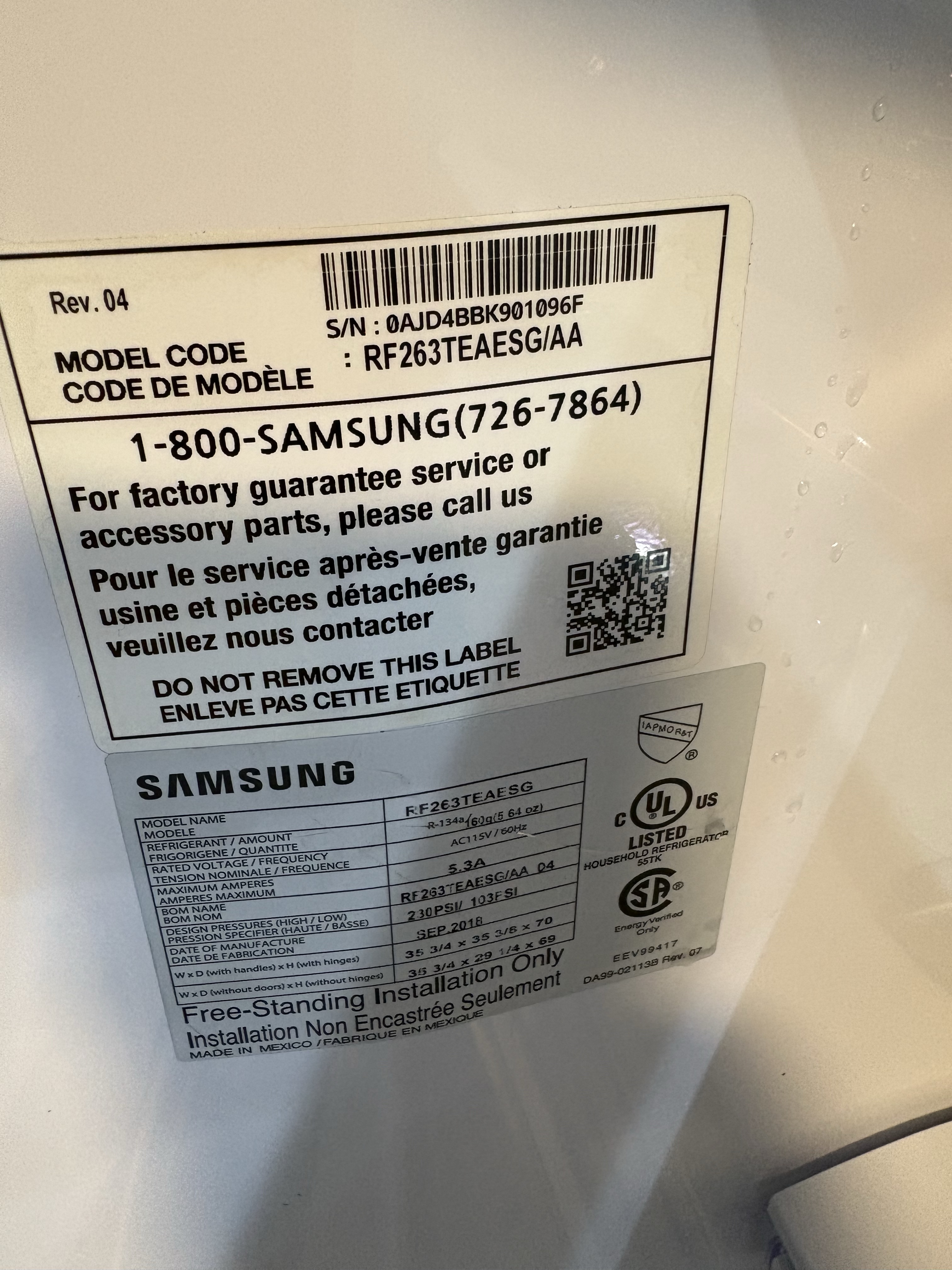 Samsung RF263TEAESG french-door refrigerator manufacturer model tag Deerfield Beach FL RR0103