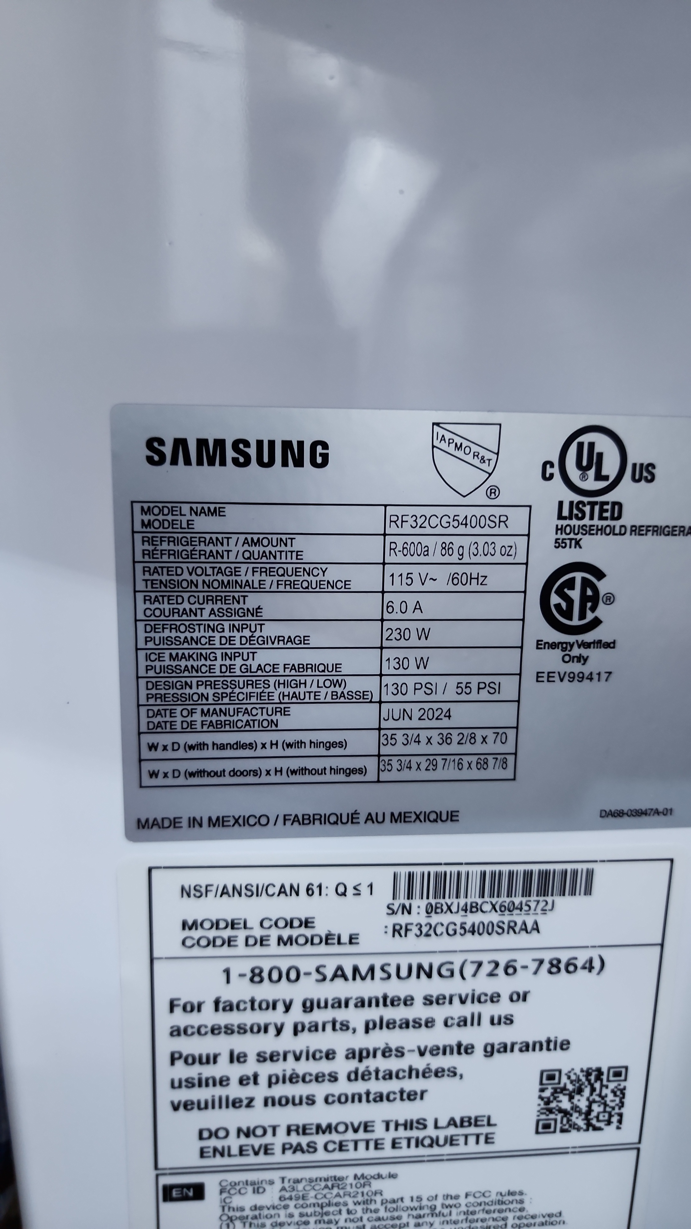 Samsung refrigerator model RF32CG5400SR identification tag documented during water valve diagnosis in Parkland FL 33067 RR0071.