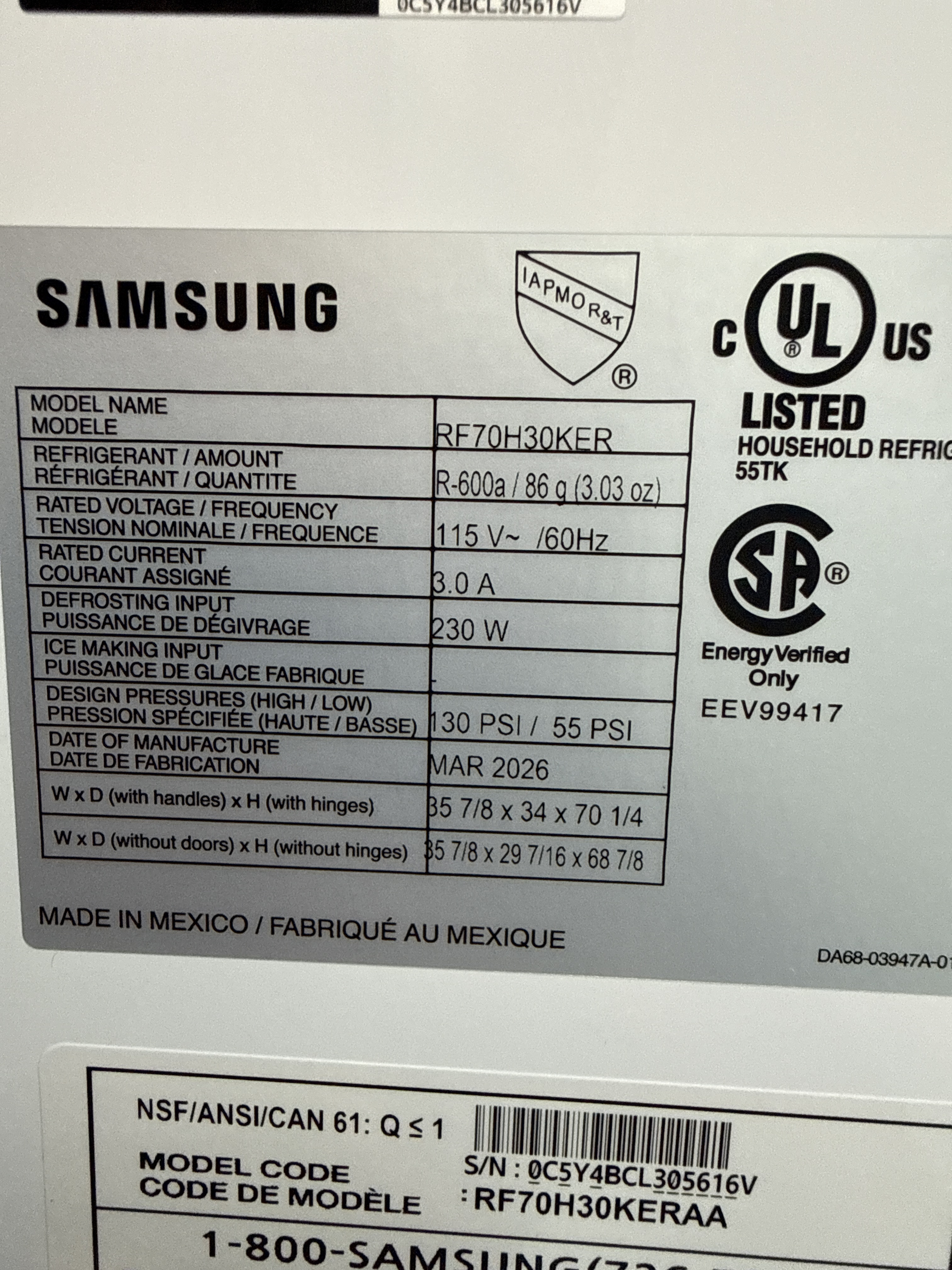 Samsung RF70H30KER refrigerator model tag Margate FL RR0083