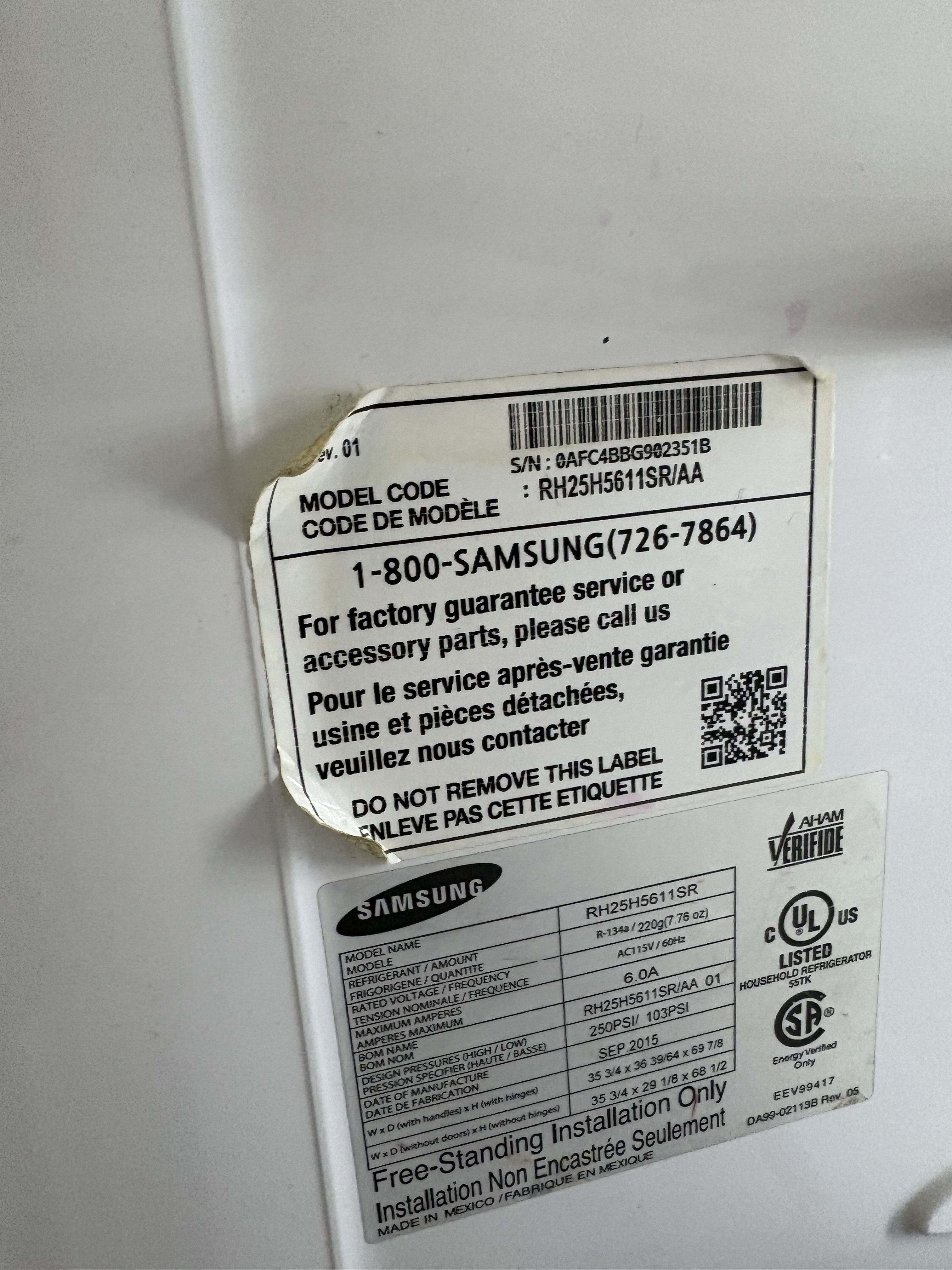 Samsung RH25H5611SR AA refrigerator model and serial label North Lauderdale FL