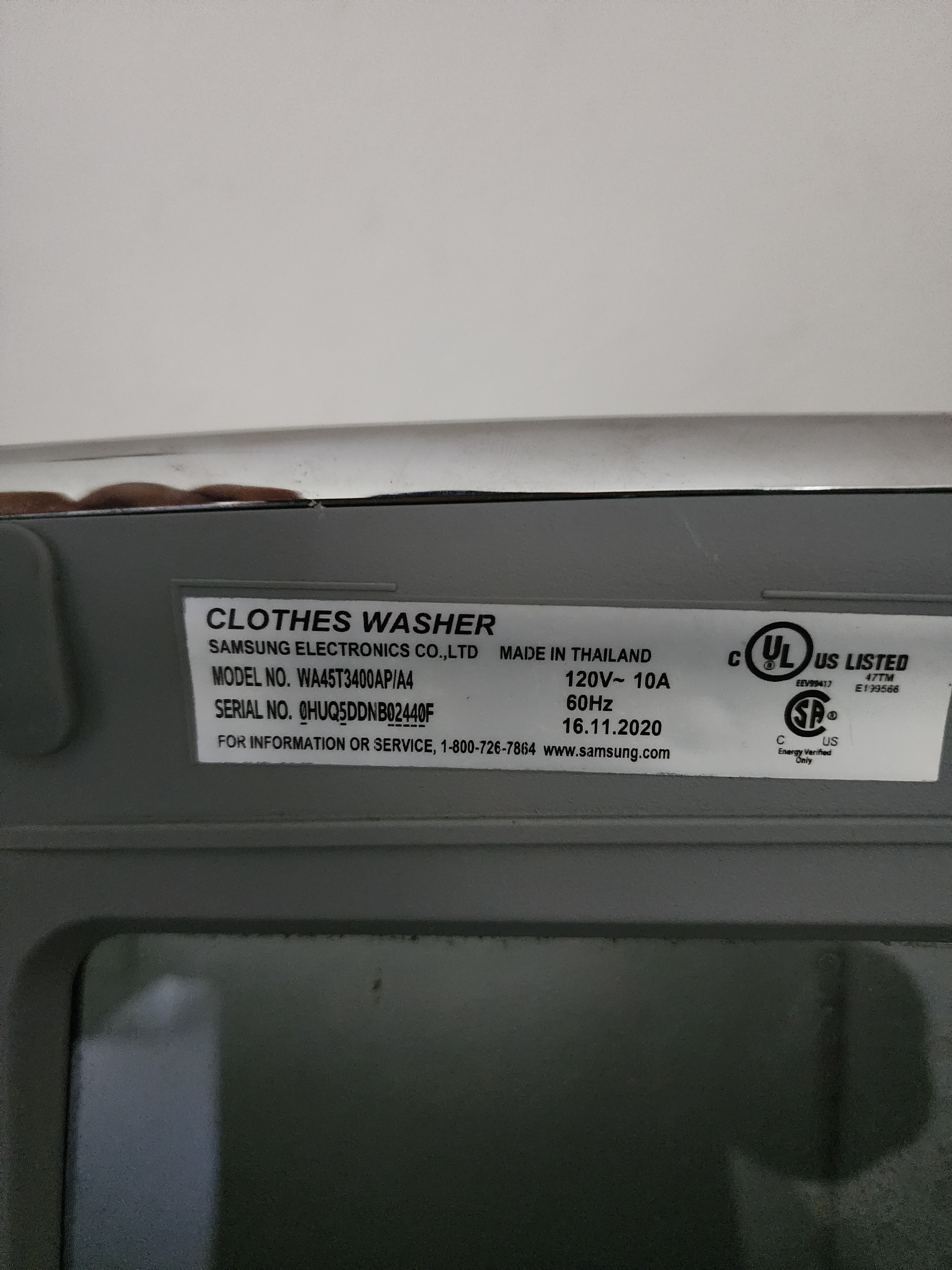 Samsung WA45T3400AP/A4 washing machine model tag Fort Lauderdale FL RR0075