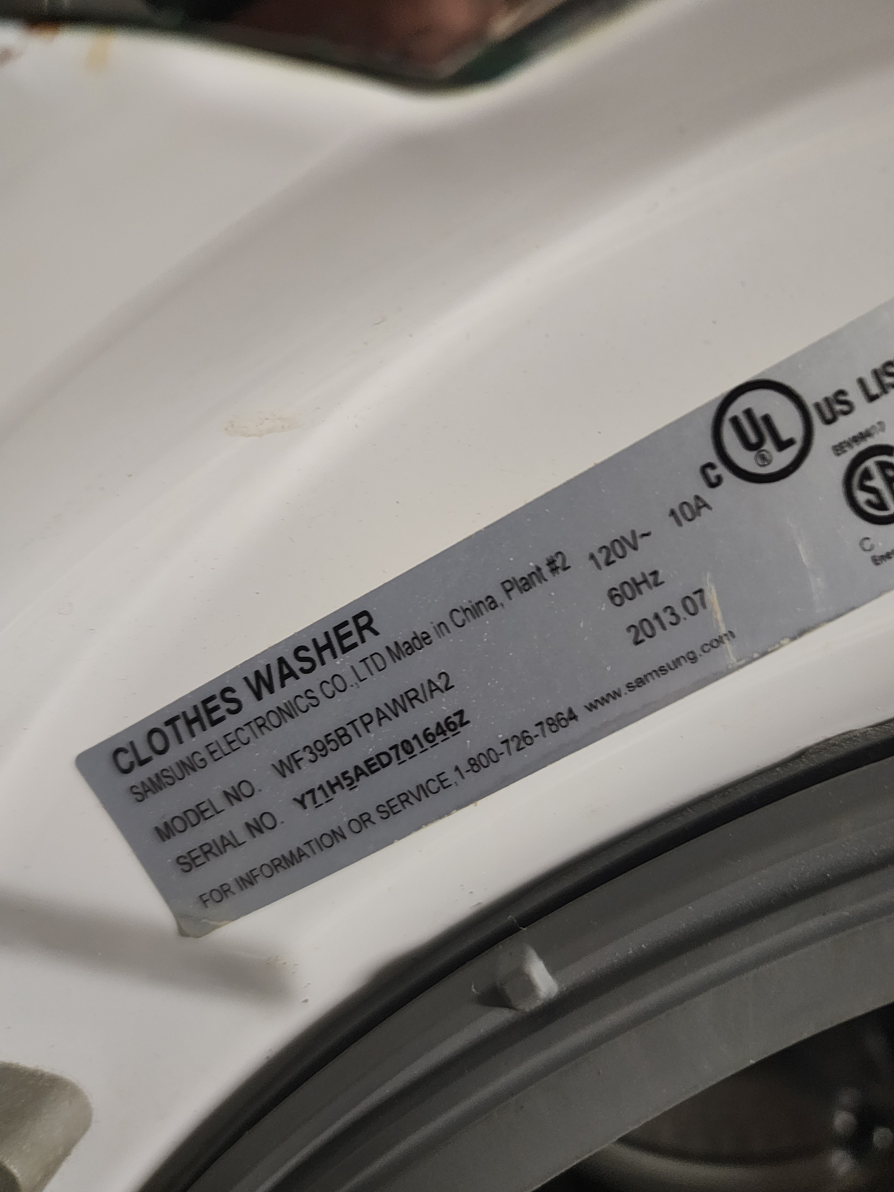 Samsung WF395BTPAWR/A2 washing machine manufacturer model tag Fort Lauderdale FL RR0111