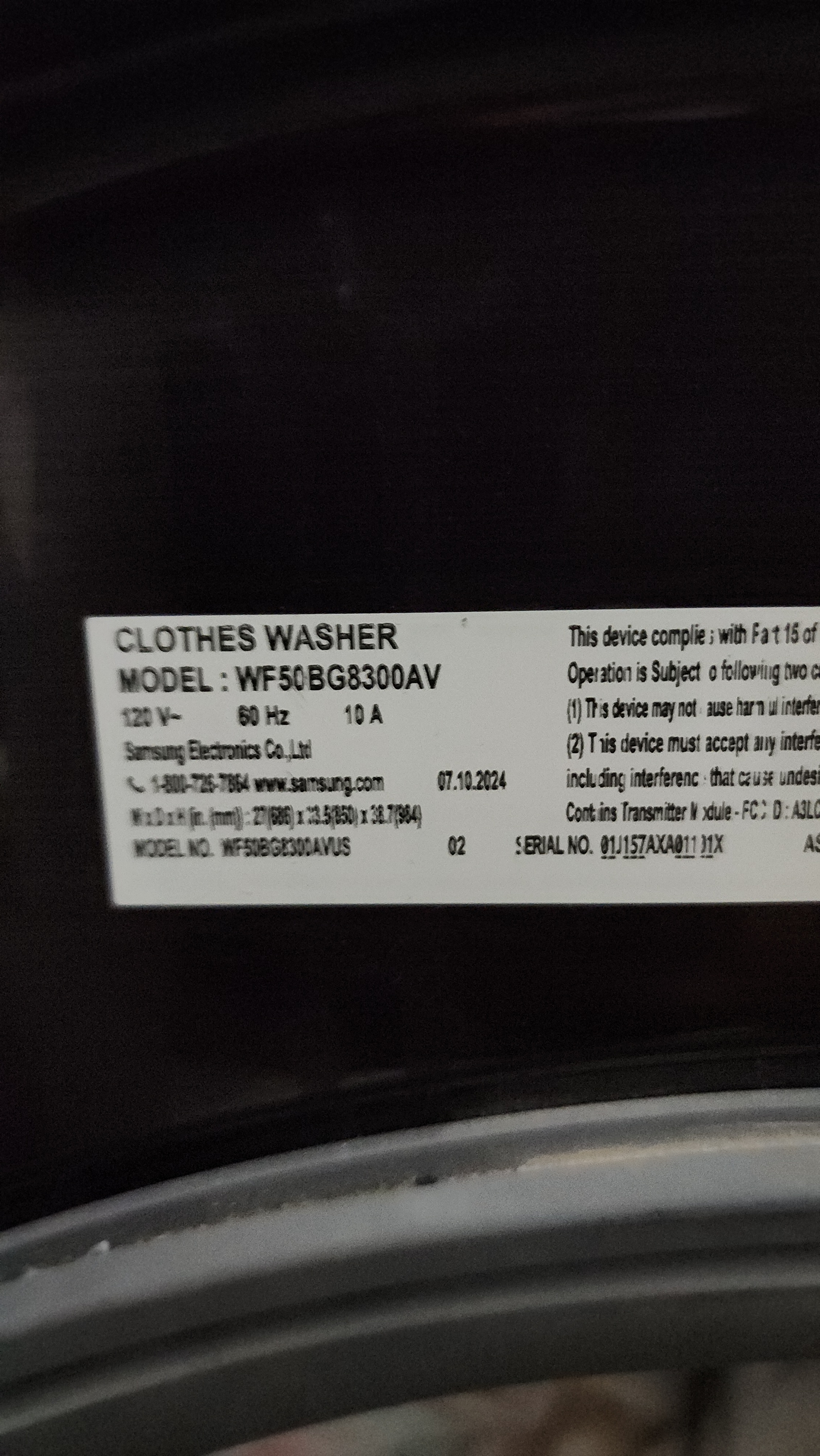 Field photo documenting Samsung model WF50BG8300AV during the service visit.