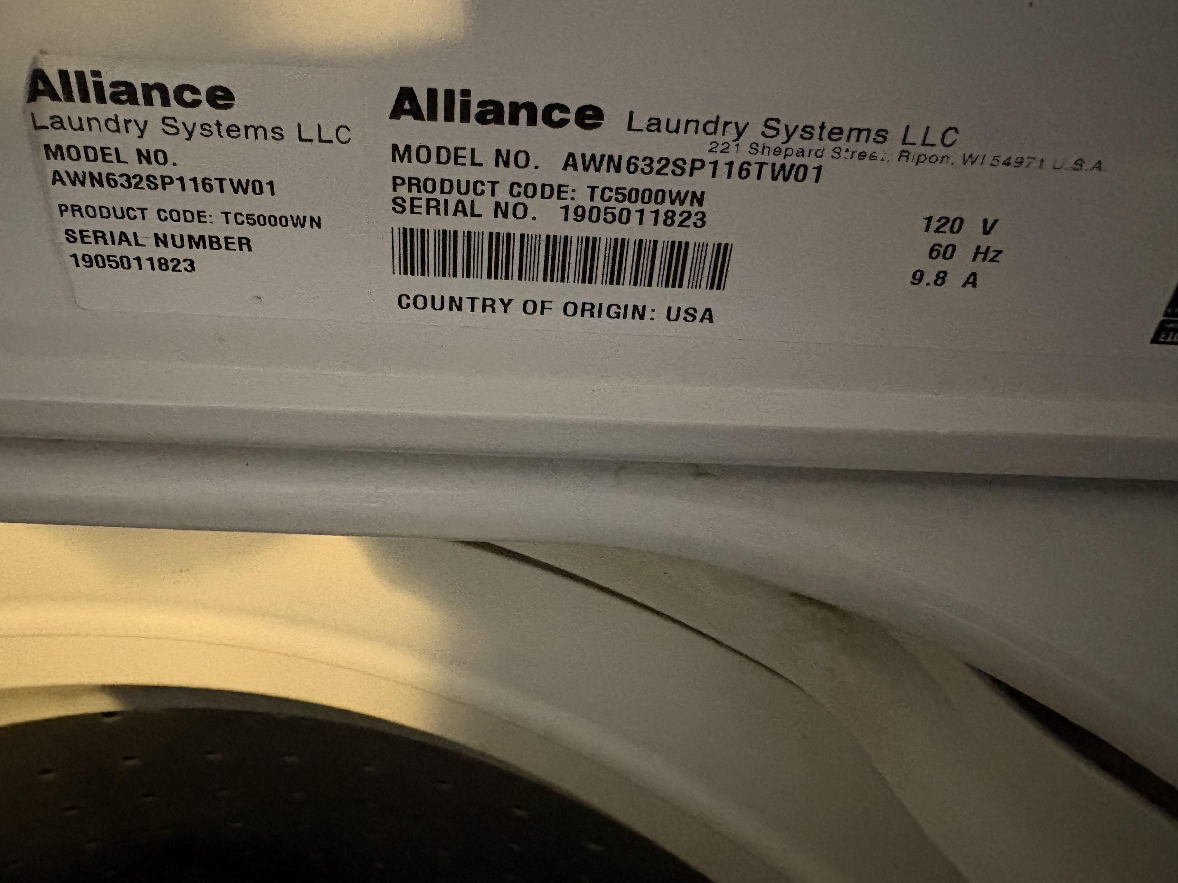 Speed Queen AWN632SP116TW01 washer model and serial tag West Palm Beach FL RR0074