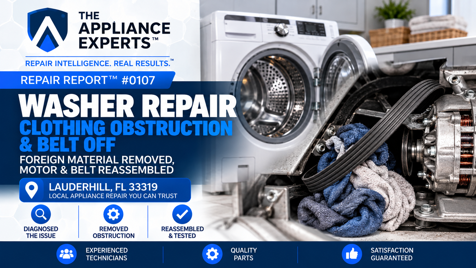 Washer repair diagnosis showing clothing obstruction and slipped drive belt in Lauderhill FL RR0107