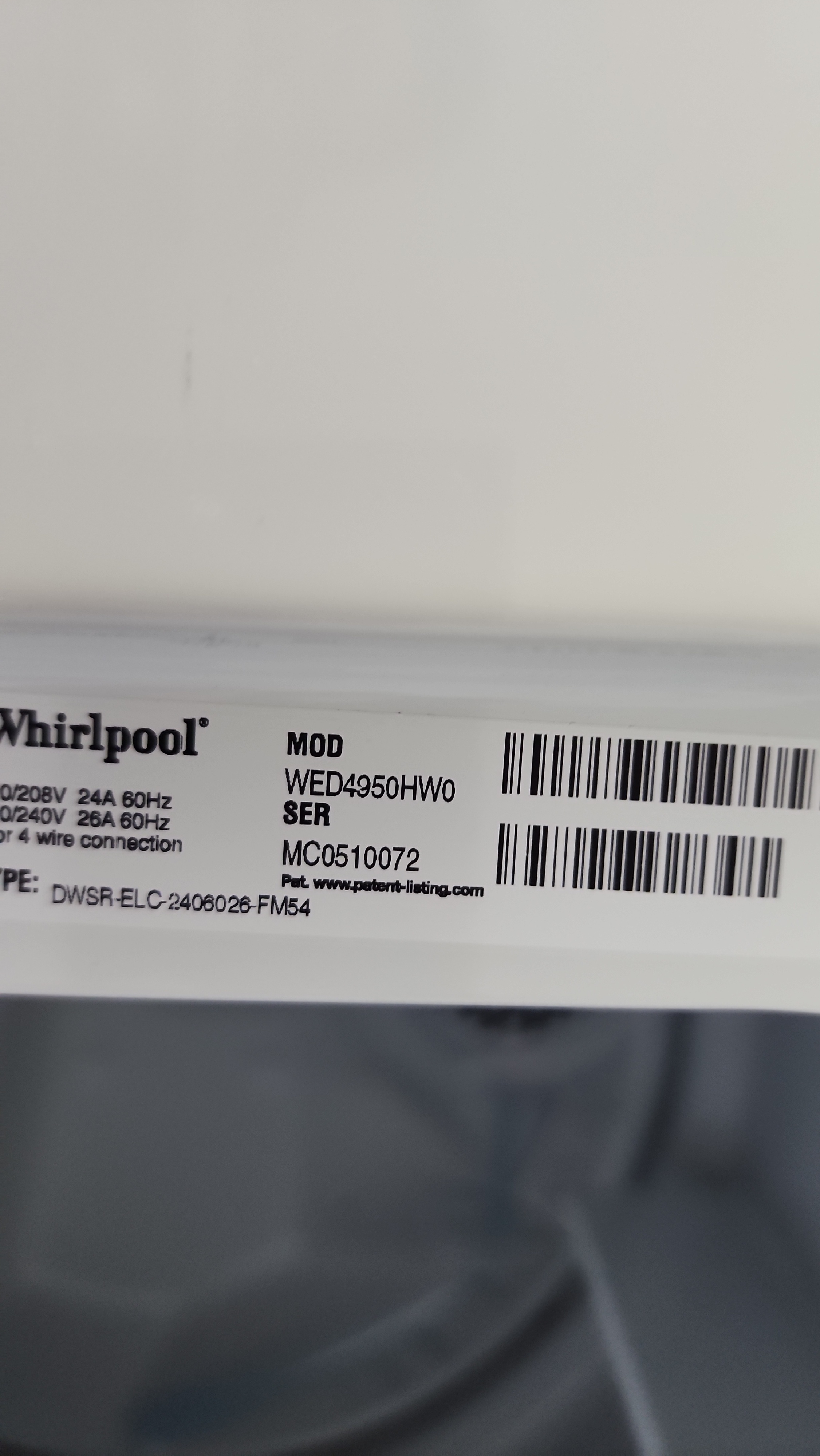 Whirlpool WED4950HW0 electric dryer model tag Fort Lauderdale Florida repair