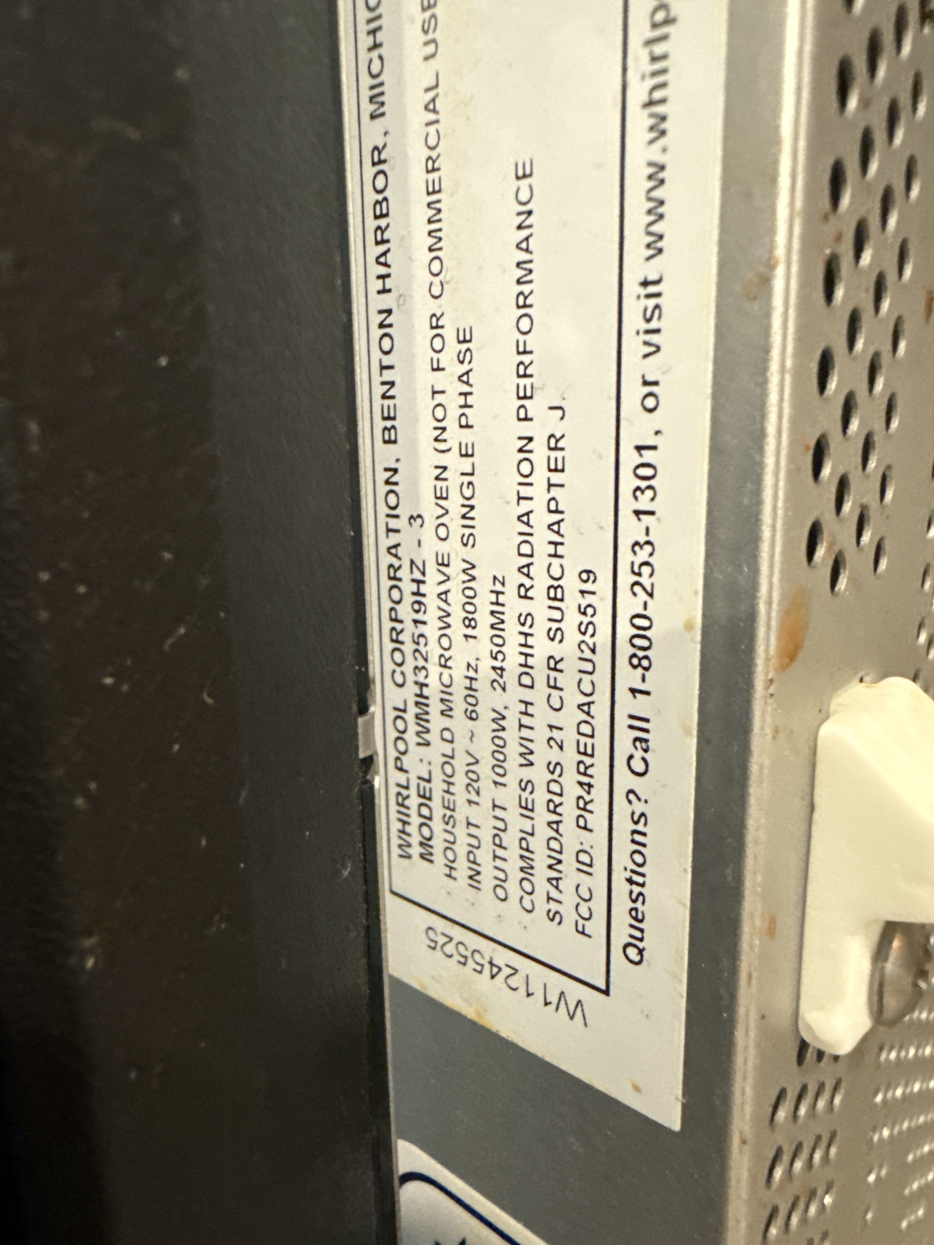 Whirlpool WMH32519HZ-3 microwave model label Boca Raton FL