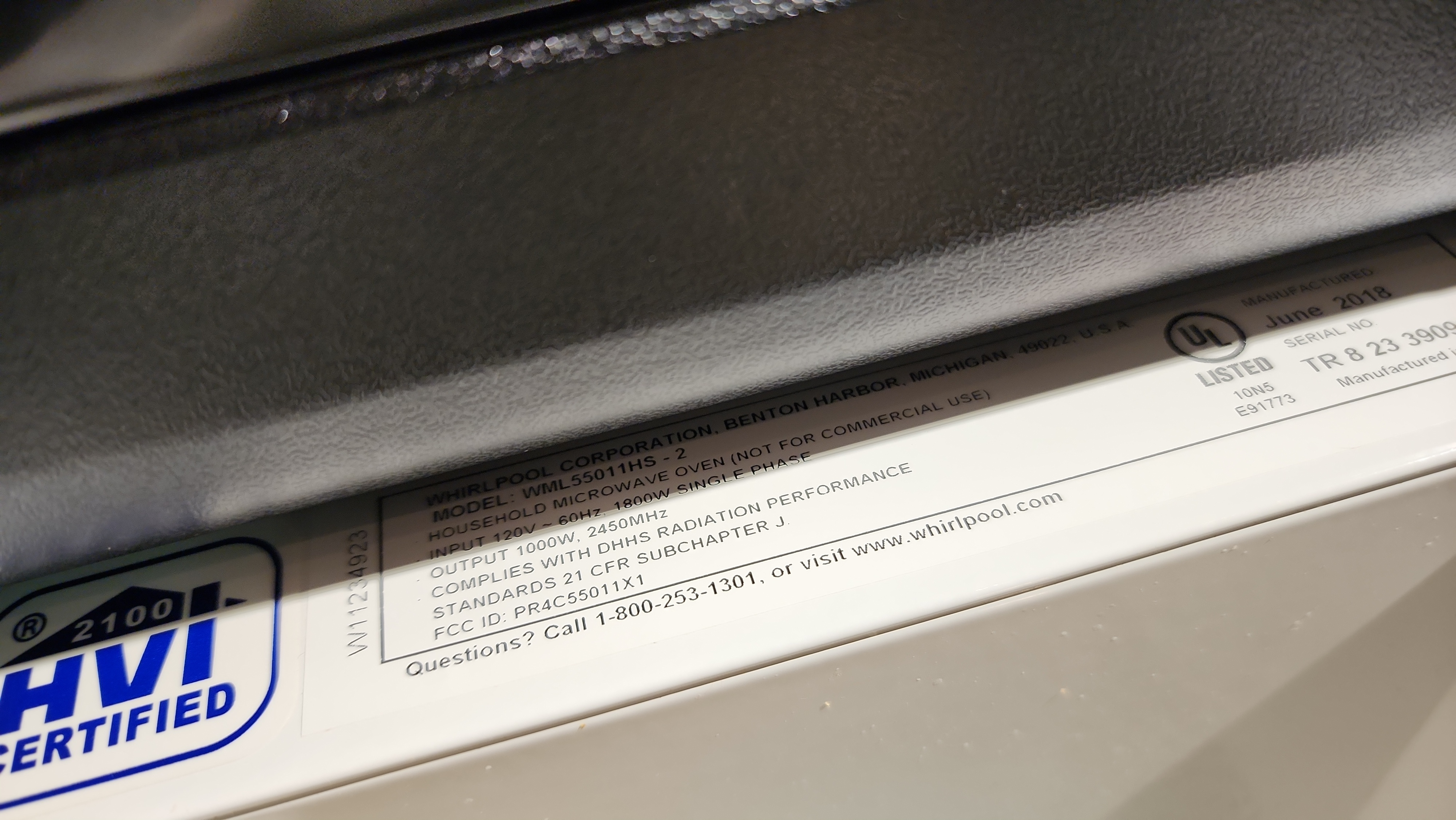 Whirlpool WML55011HS-2 microwave model tag Margate FL RR0079
