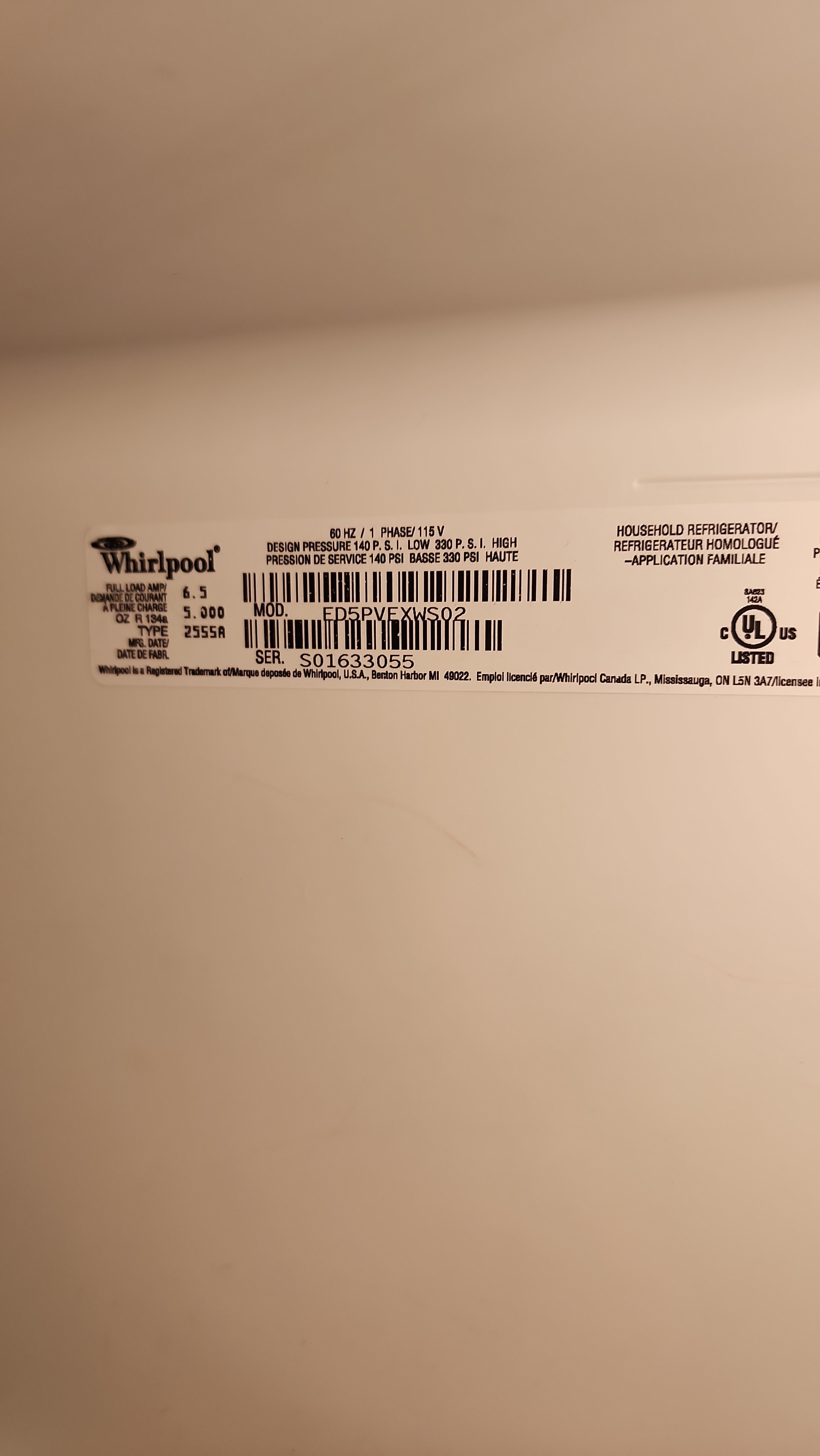 Whirlpool ED5PVEXWS02 side-by-side refrigerator manufacturer model tag Margate FL RR0102