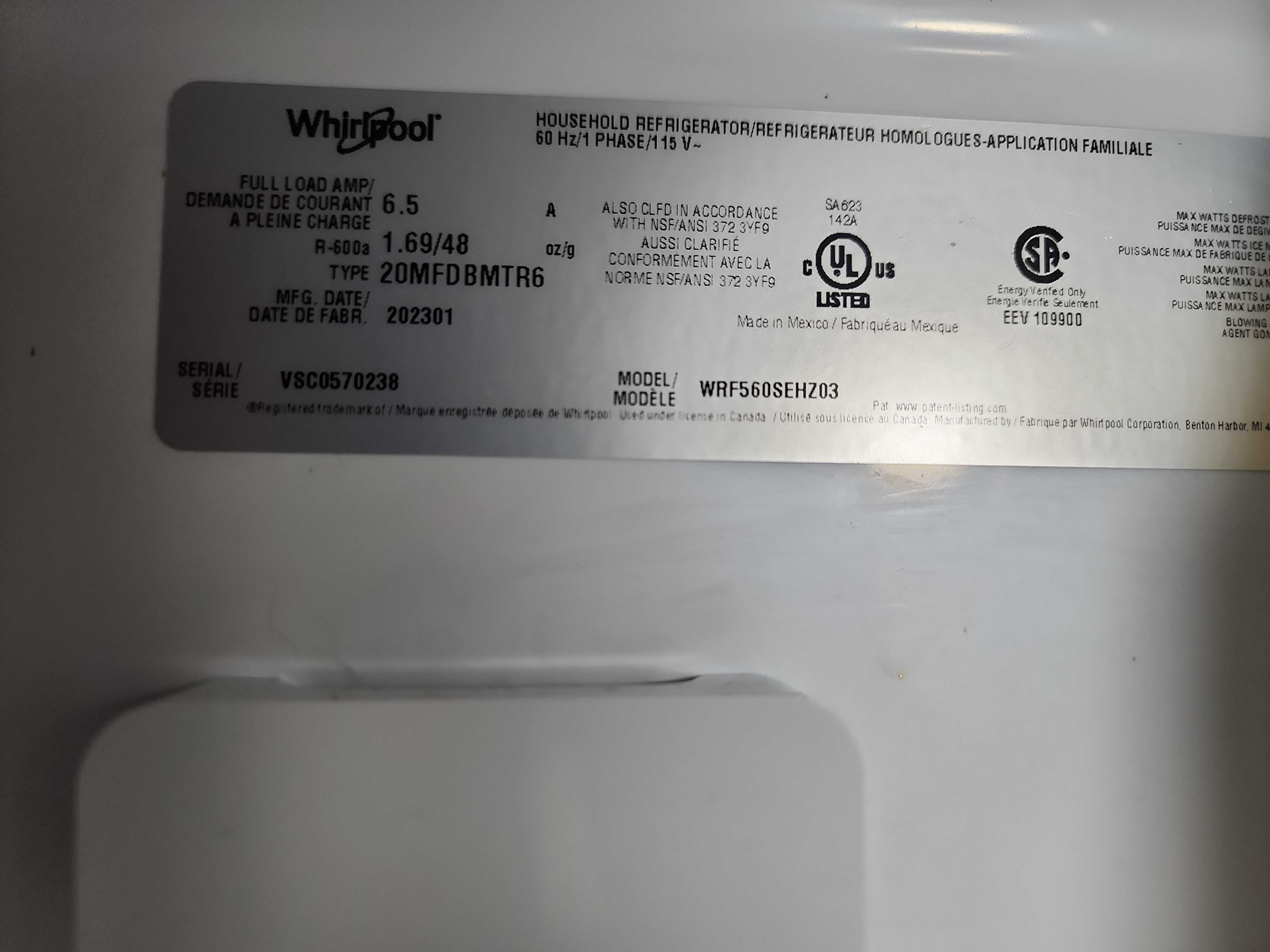 Whirlpool WRF560SEHZ03 refrigerator model tag Coconut Creek FL RR0090