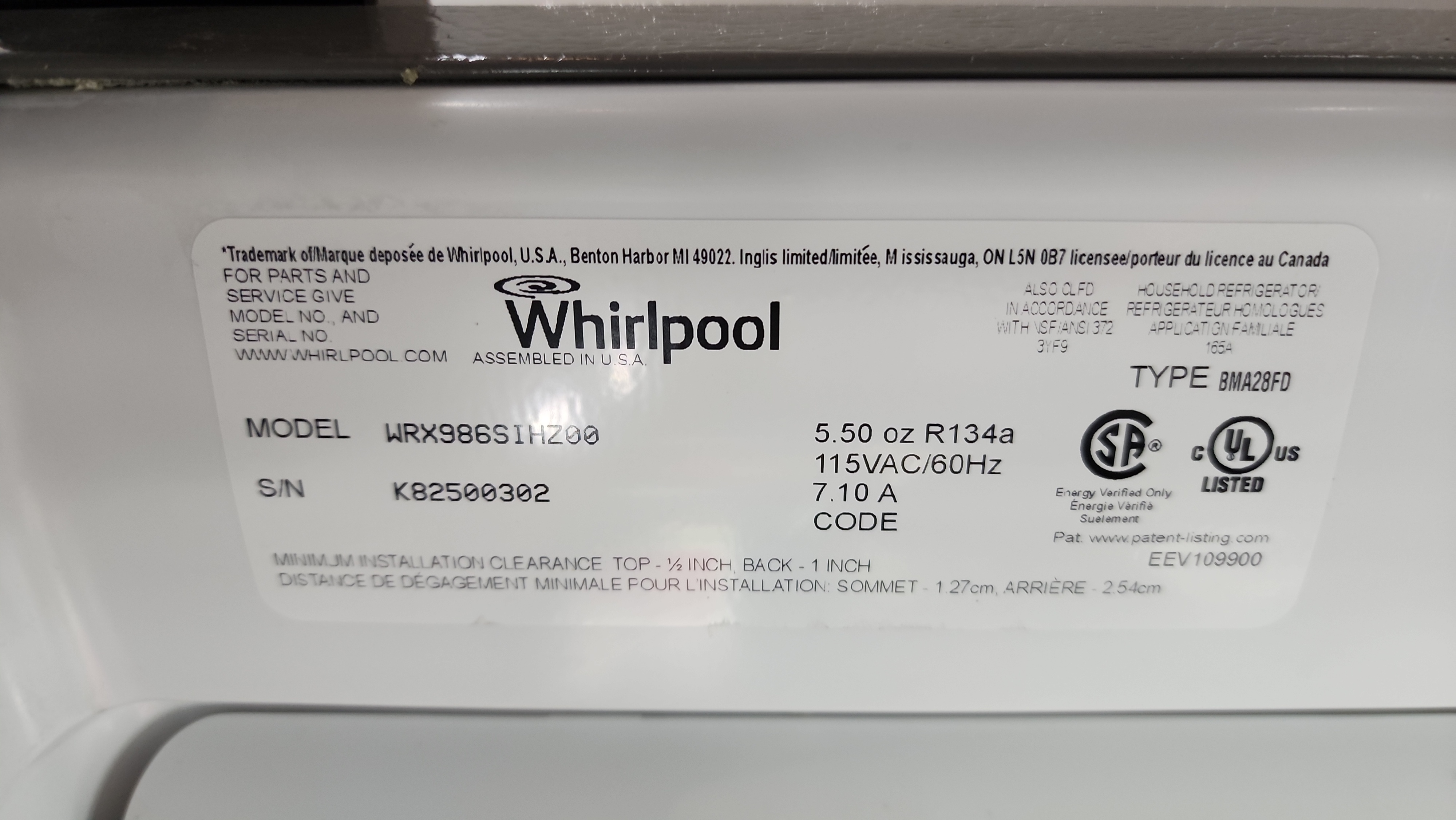 Whirlpool WRX986SIHZ00 refrigerator model tag Margate FL RR0072