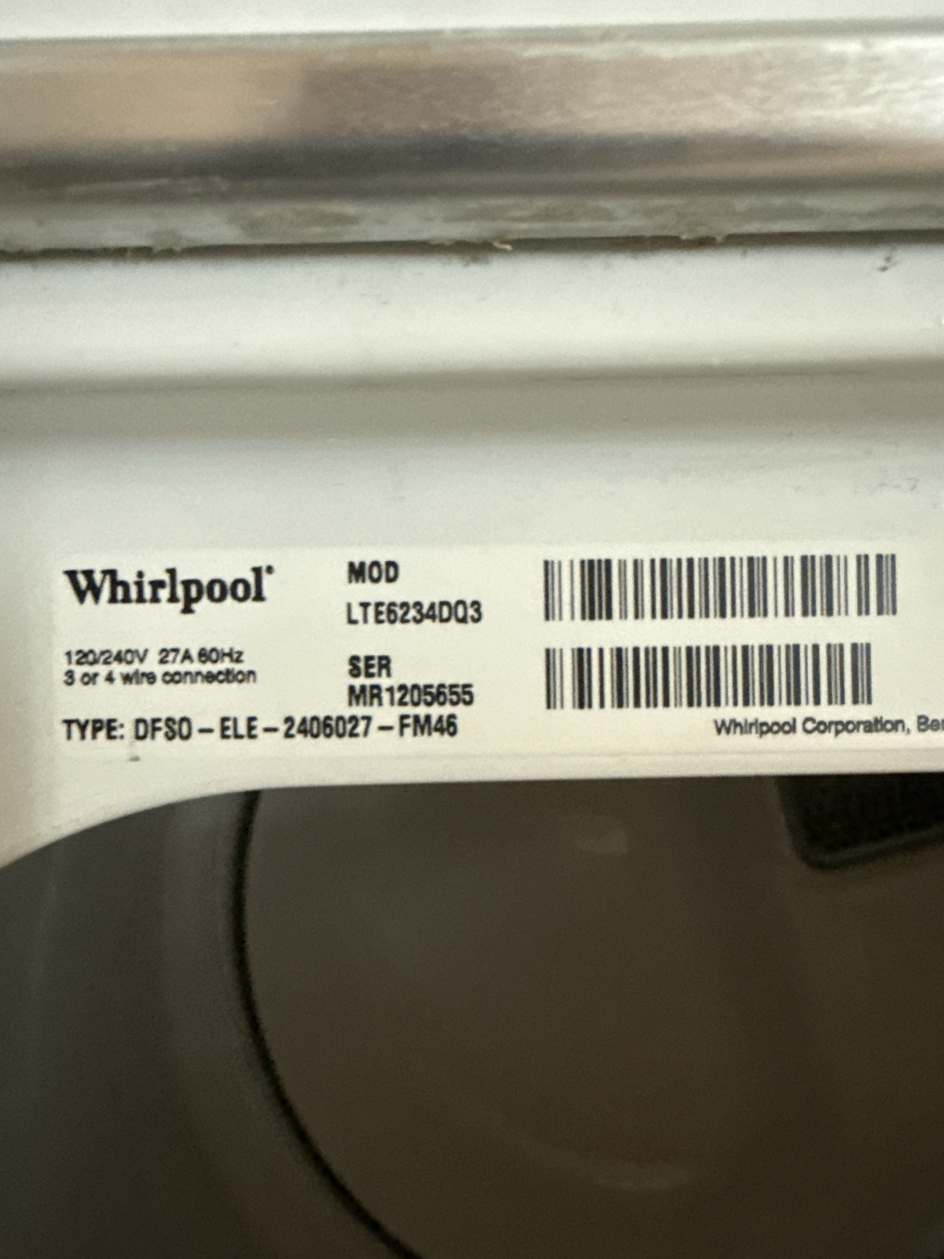 Whirlpool LTE6234DQ3 washer model tag Fort Lauderdale Florida RR0120